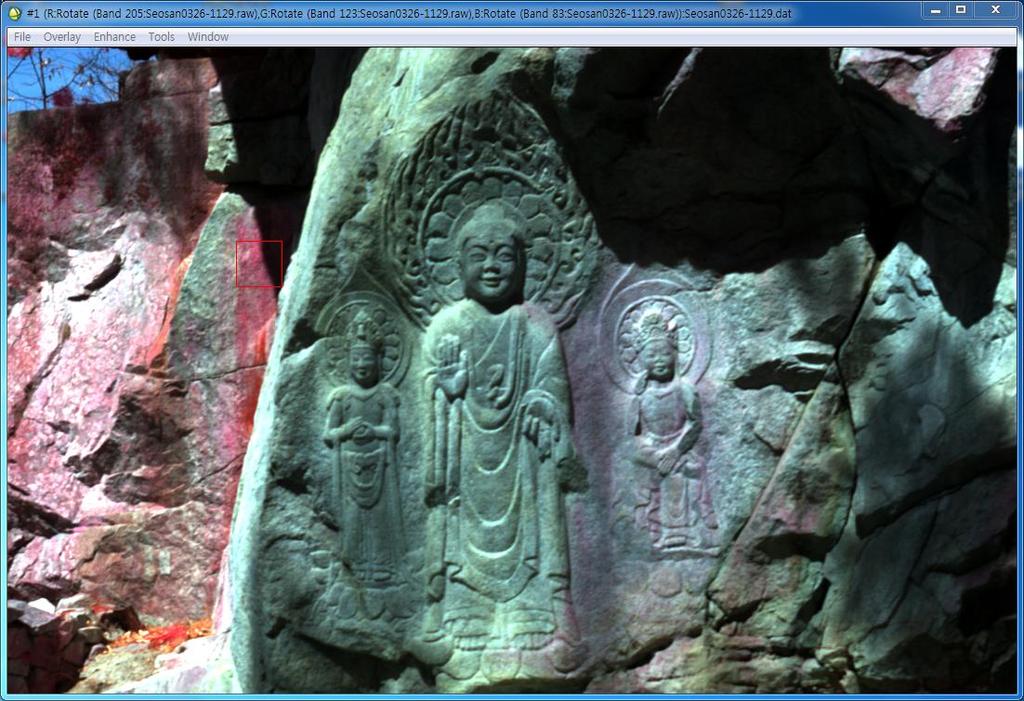 문화재 석조문화재모니터링 이끼부분을붉은색으로표현하고있는 CIR image