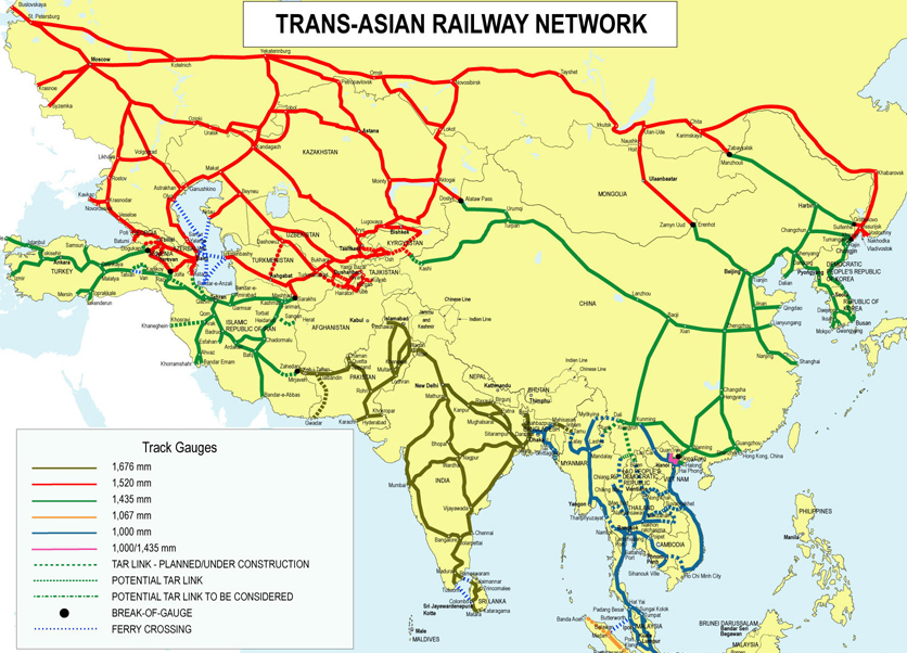 104 한국의 주요국별ㆍ지역별 중장기 통상전략: 러시아 그림 4-11. 아시아횡단철도사업의 철로망 노선도 자료: UNESCAP(http://www.unescap.org/ttdw/common/TIS/TAR/tar_home.asp). 국가에게 선사할 것으로 예상된다. 동북아 국가들도 한국과 러시아 간의 철도 협력에 많은 관심을 보이고 있다.