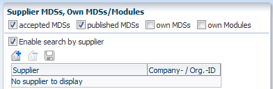 필터 - 공급업체 MDS (Filters Supplier MDSs) 공급업체 MDS 검색을 통해 특정 공급업체 목록의 데이터로 한정할 수 있습니다. 승인 MDS - 자신의 회사에서 승인한 데이터만 검색합니다. 공개 MDS - 자신의 회사에서 공개한 데이터만 검색합니다. 공급업체 - 공급업체 추가는 검색 결과를 목록의 공급업체로만 한정 합니다.