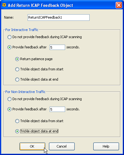 7: 9. New Return ICAP Feedback ( SGOS Return ICAP Patience Page). Add ICAP Feedback Object. 10. : a. Provide feedback after. b.