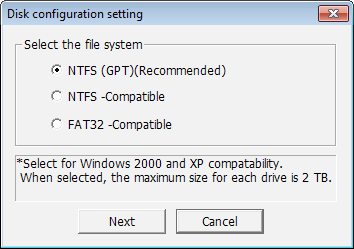 3 구축할 RAID 어레이를 선택한 후 [Next( 다음 )] 를 클릭합니다. 1 구축할 RAID 어레이를 선택합니다. 2 [Next(다음)]를 클릭합니다. 4 포맷 시스템을 선택합니다 (Windows 7/Vista/XP 만 해당 ). 1 포맷 시스템을 선택합니다. 2 [Next(다음)]를 클릭합니다. 참고 : Windows Server 2003 또는 Macintosh 를 사용할 경우 위 화면이 표시되지 않습니다.
