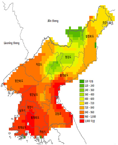 366 2015 Normal Year ( 10~ 14) Accumulated rainfall Accumulated temperature Fig. 3. Accumulated rainfall and temperature from March to May of 2015 in North Korea.