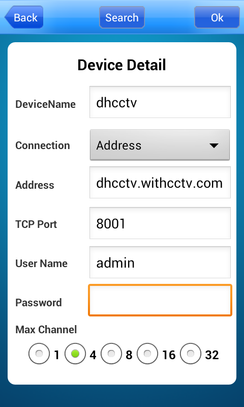 3. NVR 정보를 입력합니다. < 입력 정보 설명 > DeviceName : 표시할 이름 Address : NVR 외부 접속 주소 (도메인이름.withcctv.