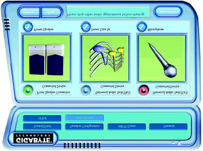 다음은 2 채널의 예제입니다(다음의 그림들은 Windows XP 안에 있습니다): 오디오 커넥터 소개 CD-ROM, 워크맨 또는 기타 오디오 입력 장치를 Line In 잭에 연결하고, 스피커, 이어폰 또는 기타 출력 장치를 Line Out 잭에
