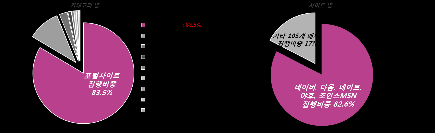 4. 매체 별 광고집행 분석 2012년 매체별 광고비 분석 (매체 카테고리) 2012년 상위 5개 포털의 광고 집행 비중은 83.5%로 높게 나타남 젂체 집행 금액에서 비중으로 살펴보았을 때 포털의 집행비중이 젂체 매체의 83.