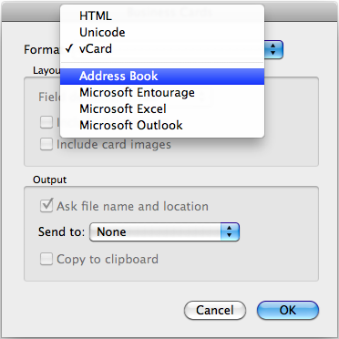 동작 (Mac OS 고객용 ) Cardiris 의 주소록 (Address Book) 사용하기 주소록에 스캔된 명함의 인식된 문자를 등록하려면 다음 순서대로 실행합니다. 설정 또는 메시지 윈도우가 열린 상태에서 Cardiris 를 종료하지 마십시오. 1.