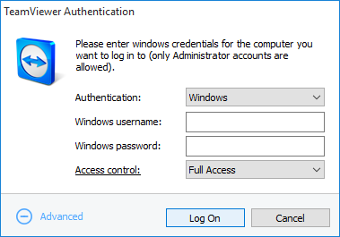 7 다른 연결 옵션 Windows 인증은 모든 연결 모드에서 사용할 수 있습니다. 고급 인증 대화상자 Windows 인증을 사용해 원격 제어 세션에 연결하는 방법은 다음과 같습니다. 1. TeamViewer를 실행하십시오. 2.