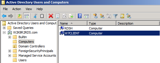 W7CLIENT (Windows 7 Client) 클라이언트 설정 이 기계에 Windows 7 을 설치하고, W2K8R2RDS.com 도메인에 멤버로써 죠인시킨다.