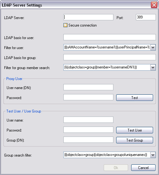 216 ko 사용자 그룹 페이지 Bosch Video Management System LDAP 서버 설정 LDAP 서버: LDAP 서버의 이름을 입력합니다. 포트: LDAP 서버의 포트 번호를 입력합니다(기본 비암호화: 389, 암호화: 636) 보안 연결 체크 박스를 선택하면 암호화된 데이터 전송이 활성화됩니다.