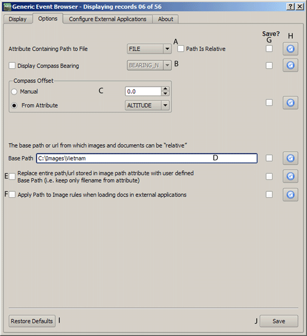 12.5. evis 플러그인 그림 12.8. evis 옵션 창 Compass Bearing[ 방위가 포함된 속성](B) : 표시되고 있는 사진의 방위가 포함된 속성 필드를 지정하기 위한 드롭다운 목록. 방위 정보가 사용하려면, 드롭다운 메뉴 옆에 있는 Display Compass Bearing[ 방위를 표시] 체크박스를 클릭해야 합니다.
