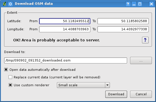 12.14.7. OSM 데이터 다운로드하기 다운로드 장소 (Download to) : 여기에는 데이터가 저장될 파일에 대 한 경로를 입력합니다. 디스크의 디렉토리 구조를 기억하지 못할 경우 에는 Browse[ 탐색] 버튼을 사용하면 됩니다.