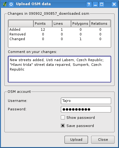 12.14.9. OSM 데이터 저장하기 그림 12.37. OSM 업로드 대화상자 ' 변경 사항에 대한 커멘트 (Comment on your changes)' 상자에는, 업로드하는 데이터에 대한 간략한 정보를 기입할 수 있습니다. 그냥 간단하게 어떤 데이터를 변경했는지 적으면 되며, 그냥 비워둬 도 무방합니다.