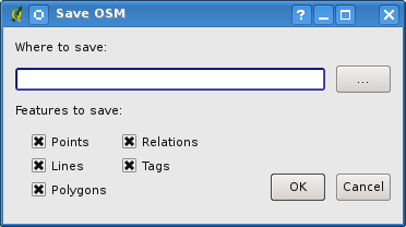 12.14. OpenStreetMap 플러그인 Save OSM to file 버튼을 클릭합니다. 이 버튼이 없다면 QGIS 설치 시 OSM 도구상자가 설정되지 않은 경우입니다. View[ 보기] Toolbars[ 툴바] OpenStreetMap 에서 다시 설정할 수 있습니 다. 버튼을 클릭하면 다음과 같은 대화상자가 나타납니다.