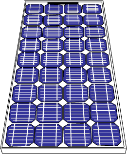 모듈 설계 (Module Design) 모듈 구조 (Module Structure) 태양광 모듈은 여러 개의 태양전지를 상호연결(통상 36개의 태양전지를 직렬로 연결)한 다음 봉지(encapsulation)하여 오 래 견딜 수 있게 하나의 튼튼한 구조로 만든 것이다.