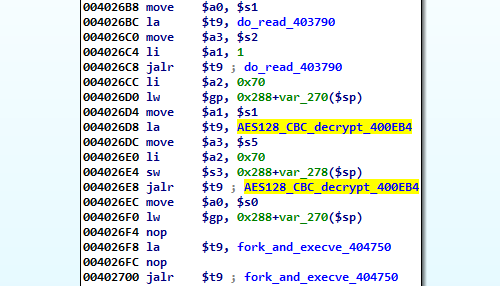 [그림 2-14] main() 함수 마지막 부분 악성코드의 마지막 부분에서 파일에서 read() 하고 그 값을 AES128-CBC 복호화하고 그 값을 인자로 하여 fork()와 execve()를 호출하는 것을 확인할 수 있었다. 결론적으로 동적 및 정적 분석을 통해 파 악한 악성코드의 행위를 Pseudo Code 형태로 나타내면 다음과 같다.