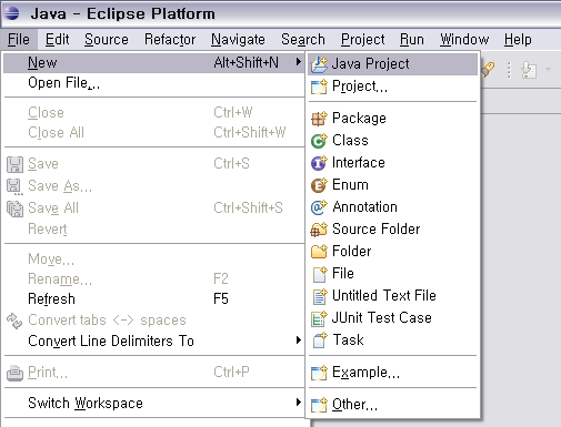 5.5 Eclipse에서 프로젝트 생성 (1/2) 를 실행하기 젂에 프로젝트를 먼저 생성