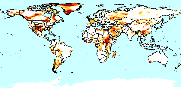 [그림 Ⅱ-2] 세계 가뭄 현황 (2010년~2012년 평균 강수량 기준) 주: 색이 진할수록 가뭄이 심각한 것을 의미함. 자료: Global Drought Monitor(http://drought.mssl.ucl.ac.uk).
