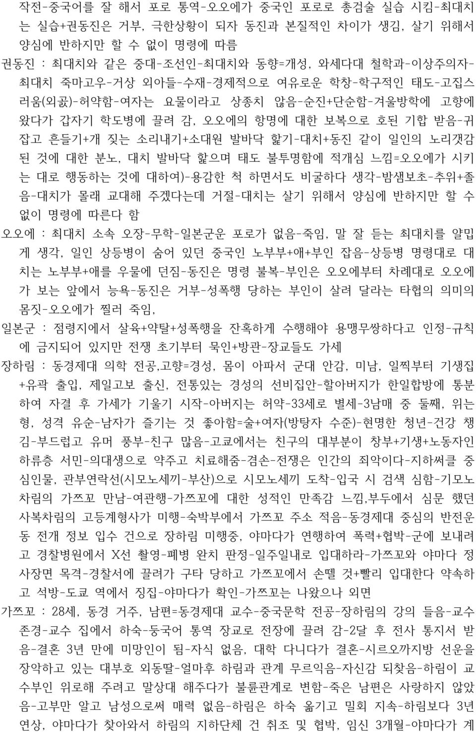 는 대로 행동하는 것에 대하여)-용감한 척 하면서도 비굴하다 생각-밤샘보초-추위+졸 음-대치가 몰래 교대해 주겠다는데 거절-대치는 살기 위해서 양심에 반하지만 할 수 없이 명령에 따른다 함 오오에 : 최대치 소속 오장-무학-일본군운 포로가 없음-죽임, 말 잘 듣는 최대치를 얄밉 게 생각, 일인 상등병이 숨어 있던 중국인 노부부+애+부인 잡음-상등병