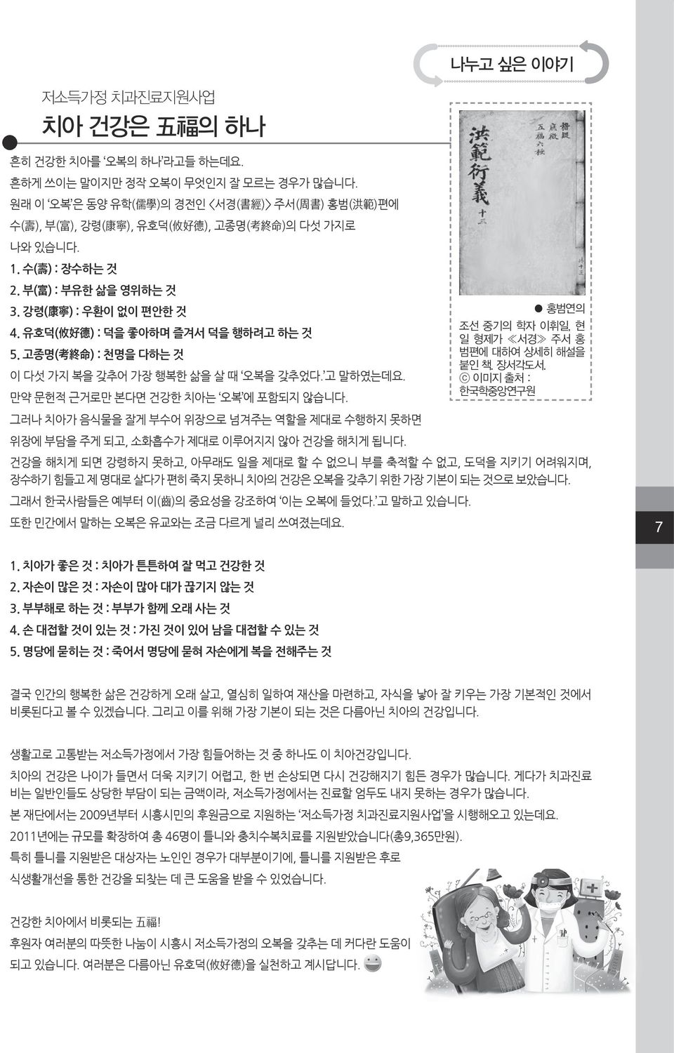 강령( 康 寧 ) : 우환이 없이 편안한 것 4. 유호덕( 攸 好 德 ) : 덕을 좋아하며 즐겨서 덕을 행하려고 하는 것 5. 고종명( 考 終 命 ) : 천명을 다하는 것 이 다섯 가지 복을 갖추어 가장 행복한 삶을 살 때 오복을 갖추었다. 고 말하였는데요. 만약 문헌적 근거로만 본다면 건강한 치아는 오복 에 포함되지 않습니다.