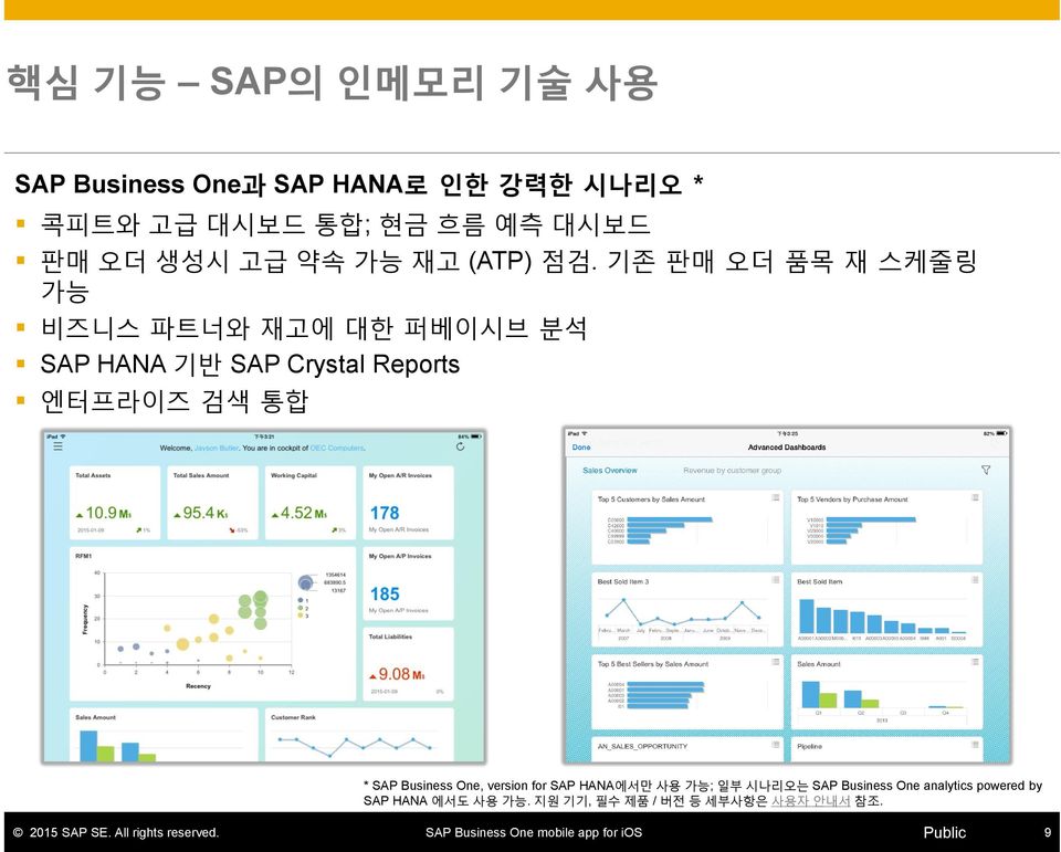 기존 판매 오더 품목 재 스케줄링 가능 비즈니스 파트너와 재고에 대한 퍼베이시브 분석 SAP HANA 기반 SAP Crystal Reports 엔터프라이즈 검색 통합 *