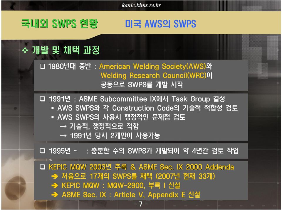 기술적, 행정적으로 적합 1991년 당시 2개만이 사용가능 1995년 ~ : 충분한 수의 SWPS가 개발되어 약 4년간 검토 작업 KEPIC MQW 2003년 추록 & ASME Sec.