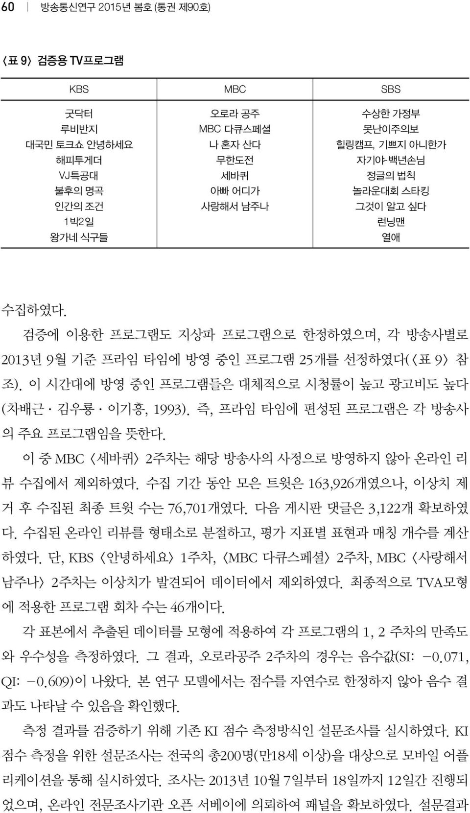 이 시간대에 방영 중인 프로그램들은 대체적으로 시청률이 높고 광고비도 높다 (차배근 김우룡 이기흥, 1993). 즉, 프라임 타임에 편성된 프로그램은 각 방송사 의 주요 프로그램임을 뜻한다. 이 중 MBC <세바퀴> 2주차는 해당 방송사의 사정으로 방영하지 않아 온라인 리 뷰 수집에서 제외하였다.