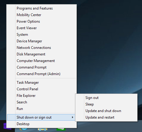 상황에 맞는 메뉴 시작 버튼을 길게 누르면 상황에 맞는 메뉴가 Windows 8.1의 몇몇 프로그램에 대한 신속한 접속 항목이 있는 확인란으로서 나타납니다.