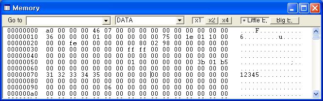 그림 47. Disassembly Window 'Memory' 메모리의 값들을 볼 수 있도록 윈도우를 지원해 준다. 영역은 Code, Data, EEPROM, I/O 등이 있으며 디스플레이도 1, 2, 4 바이트를 선택 할 수 있다. 그리고 Little/Big Endian 방식으로 볼 수있도록해준다. 그림 48.