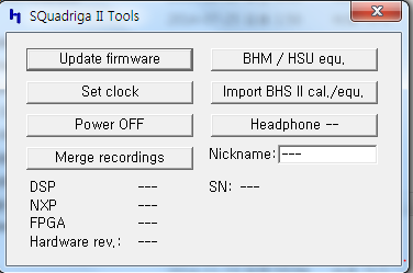 SQuadriga II Tools SQuadriga firmware 및 clock 설정 을 위한 프로그램입니다. SQuadriga II를 PC와 USB로 연결 Update firmware 메일 및 www.abctrd.com 에서 다운받은 firmware 경로 지정 BHM / HSU equ. : BHS II 단자를 CLB I.