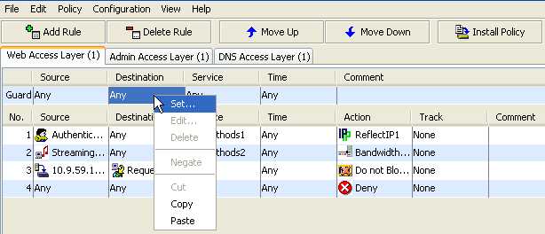 SGOS 6.3 Visual Policy Manager D:, : 1 2 1. Edit. 2. Add Layer Guard.. 3.