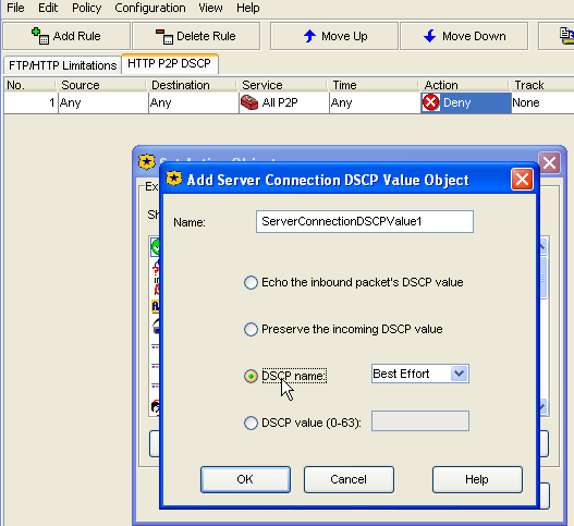 SGOS 6.4 Visual Policy Manager G: QoS VPM VPM P2P DSCP Best Effort( ). 4 8 Best Effort CPL CPL. client.connection.dscp = 0.