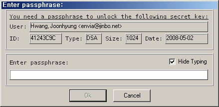 암호화에 사용하고 싶은 열쇠를 선택합니다. 비밀문구를 입력하면 암호화된 파일이 생깁니다. 암호화를 풀 때에는 마우스 오른쪽 버튼으로 누른 다음, Gpgee Verify/Decrypt를 선택하면 됩니다. 5 참고자료 이 문서는 Use PGP with any Windows Email Client(http://email.about.