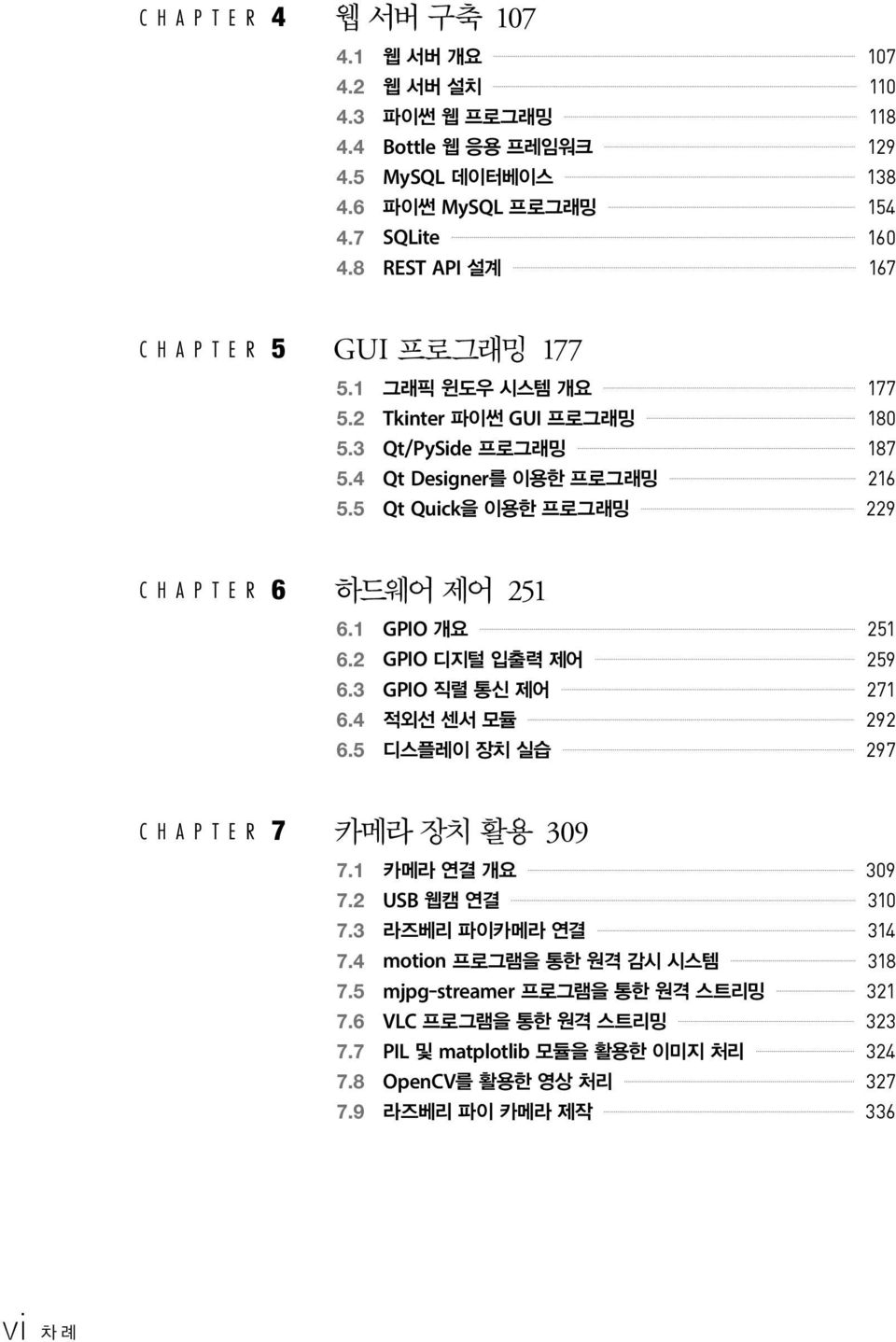 5 Qt Quick을 이용한 프로그래밍 229 CHAPTER 6 하드웨어 제어 251 6.1 GPIO 개요 251 6.2 GPIO 디지털 입출력 제어 259 6.3 GPIO 직렬 통신 제어 271 6.4 적외선 센서 모듈 292 6.5 디스플레이 장치 실습 297 CHAPTER 7 카메라 장치 활용 309 7.