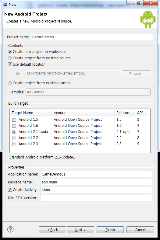 우선 메뉴에서 File New Android Project 를 실행하시고, [그린 3]과 같이 프로젝트에 대한 세부 사항을 입력합니다. Project name과 Application name은 GameDemo01로 설정하였습니다. 이 부분은 여러분들이 릴음에 드는 이름으로 바꾸어도 문제가 되지 않습니다. Build Target은 2.