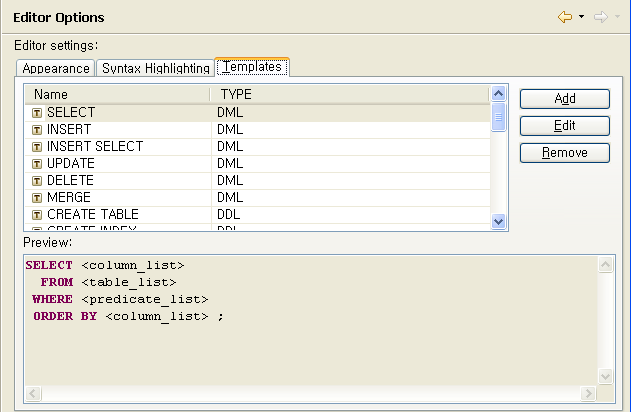 항목 Datatypes Functions String Values Single Line Comments Multi Line Comments 데이터 타입을 강조할 색을 지정한다. 함수를 강조할 색을 지정한다. 문자열 값을 강조할 색을 지정한다. 단일 라인의 주석을 강조할 색을 지정한다. 다중 라인의 주석을 강조할 색을 지정한다.