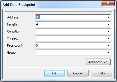 데이터 브레이크포인트 설정하기 디버그 모드에서 어플리케이션을 실행합니다(예를 들면 F9, F8, F7, F4등을 사용하여). Run > Add Breakpoint > Address Breakpoint를 선택하여 Add Data Breakpoint 대화상자를 표시합니다.