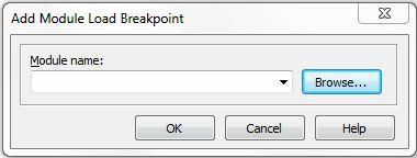 모듈 로드 브레이크포인트 설정 Run > Add Breakpoint > Module Load Breakpoint를 선택하여 Add Module Load Breakpoint 대화상자를 표시합니다.