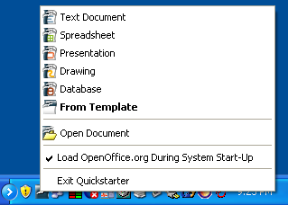 그림 1: 빠른 시작 팝업 메뉴 빠른 시작 사용하지 않기 빠른 시작을 종료하려면, 시스템 트레이에 있는 빠른 시작 아이콘에 마우스 우 클릭을 하고, 팝업 메뉴에서 빠른 시작 종료를 선택합니다. 하지만 이는 일시 적인 것으로 컴퓨터를 재시작하면 빠른 시작이 다시 실행됩니다. 팝업 메뉴에서 시스템 시작 시 OpenOffice.