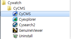 2. 설치와 프로그램 시작하기 CyCMS 설치 패키지를 실행하면 설치가 시작되며, 설치가 완료되면 바탕화면에 아이콘이 생성되고 CyCMS 프로그램 그룹이 생성됩니다.