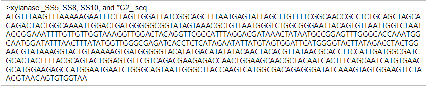 제2세부과제의 결과로부터 얻어진 섬유소 분해능이 있는 분리균주 SS5, SS8, SS10, DS1, DW2, *C2의 cdna와 JK-Xyn F/R primer를 이용하여 PCR을 통해 약 640 bp 크기의 xylanase 유전자를 확인하여 cloning을 완료하였다. 그림1-21.