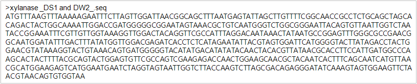 그림. 1-23. JK-Xyn F/R primer와 분리균주DS1과 DW2 cdna의 PCR을 통해 얻어진 xylanase 유전자의 염기서열. 그림 1-24. JK-Xyn F/R primer와 분리균주 DS1과 DW2 cdna의 PCR을 통해 얻어진 xylanase 유전자의 NCBI blast search 결과. 라.