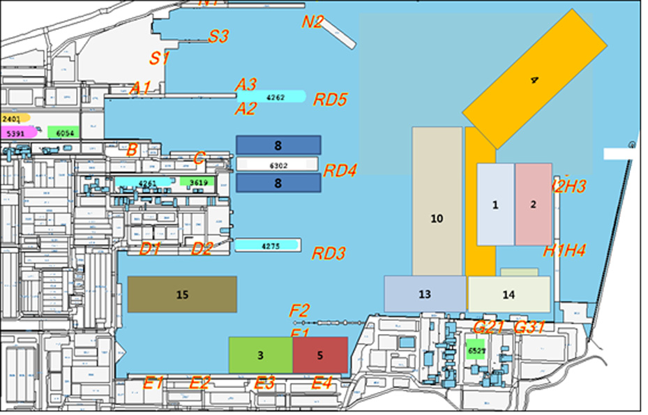 오형순 김태형 권순도 김성락 신성일 김상준 김성엽 우종식 378 Fig. 14 Royal dock sonar image (Anchor) and quqy sonar image (Block) Fig. 15 Survey area and survey list Fig. 15는 야드 Survery 조사 구역과 선종별 적용사례로 분류 하여 분석표로 만들었다. 4.