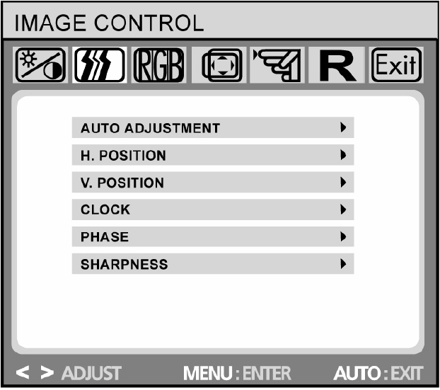 사용자 설명서- 9 스크린 조정 Brightness/Contrast OSD How to adjust(조정방법) Brightness(밝기 조정)/Contrast(선명도 조정) 밝기 조정: 선명도 조정: 밝기를 조정하려면 메뉴버튼을 눌러 Brightness를 선택한후 버튼과 버튼을 사용하여 조정합니다.