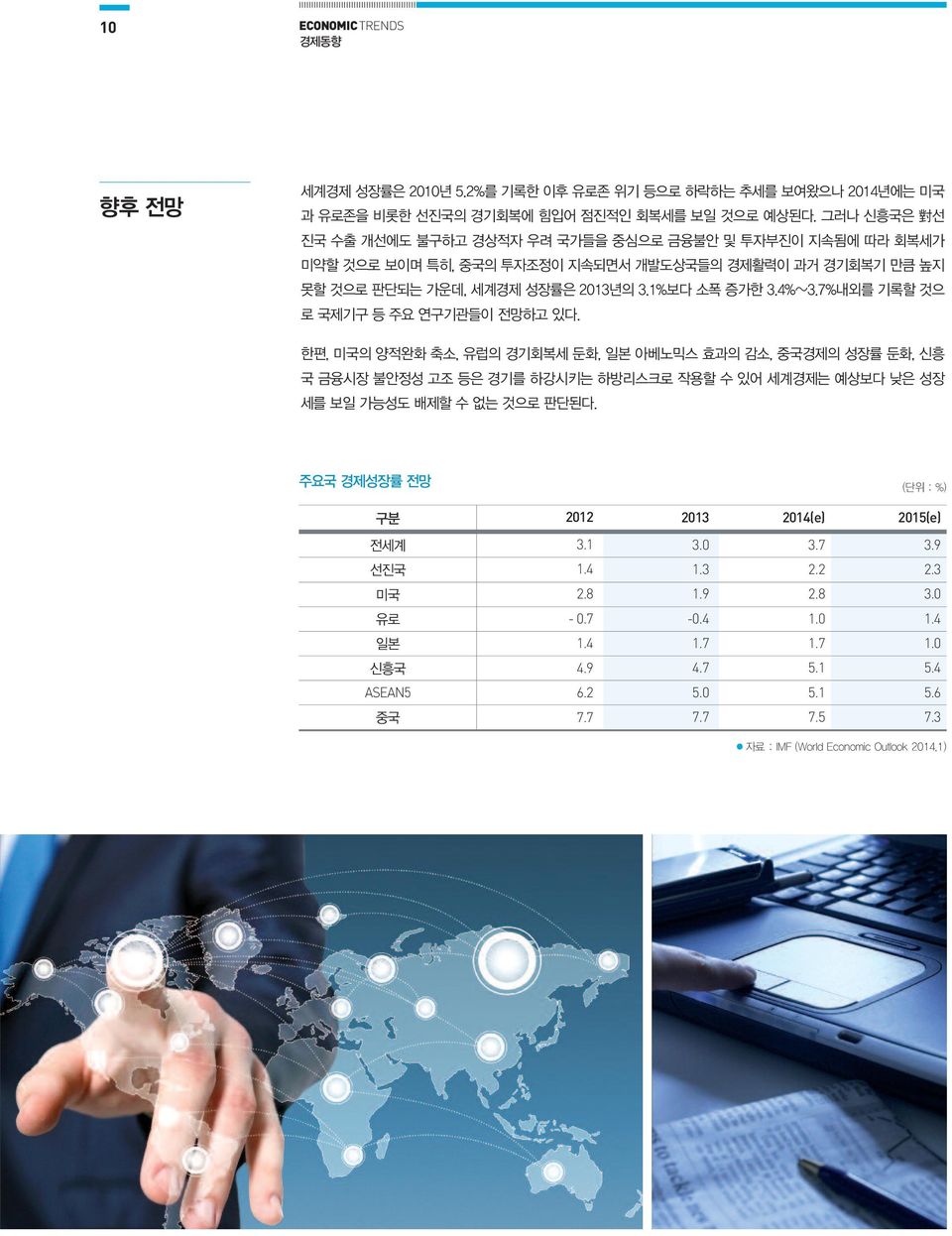 7%내외를 기록할 것으 로 국제기구 등 주요 연구기관들이 전망하고 있다. 한편, 미국의 양적완화 축소, 유럽의 경기회복세 둔화, 일본 아베노믹스 효과의 감소, 중국경제의 성장률 둔화, 신흥 국 금융시장 불안정성 고조 등은 경기를 하강시키는 하방리스크로 작용할 수 있어 세계경제는 예상보다 낮은 성장 세를 보일 가능성도 배제할 수 없는 것으로 판단된다.