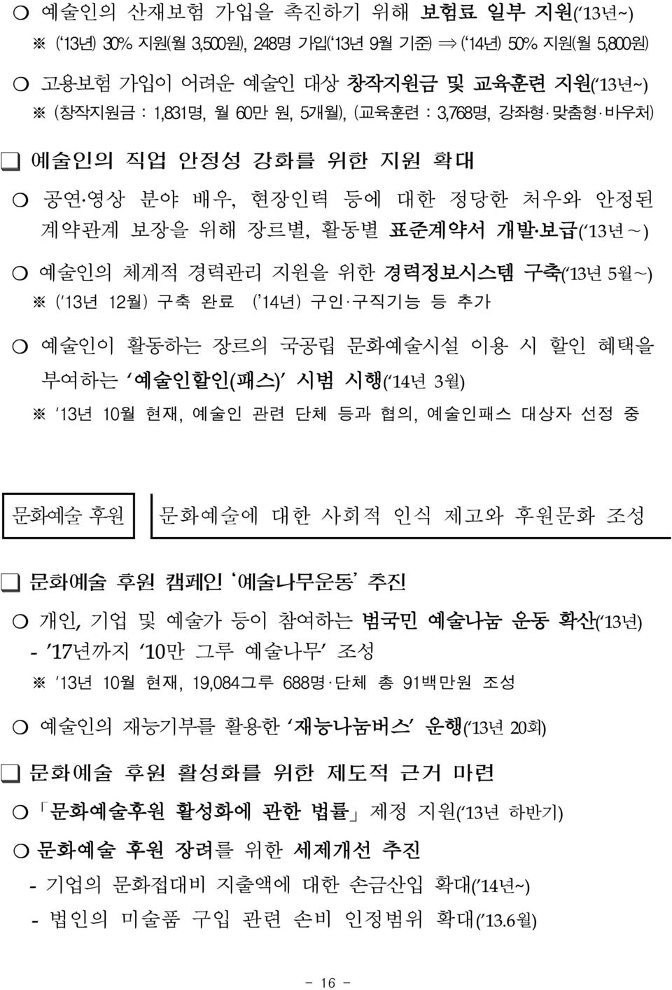 활동하는 장르의 국공립 문화예술시설 이용 시 할인 혜택을 부여하는 예술인할인(패스) 시범 시행( 14년 3월) 13년 10월 현재, 예술인 관련 단체 등과 협의, 예술인패스 대상자 선정 중 문화예술 후원 문화예술에 대한 사회적 인식 제고와 후원문화 조성 문화예술 후원 캠페인 예술나무운동 추진 개인, 기업 및 예술가 등이 참여하는 범국민 예술나눔 운동