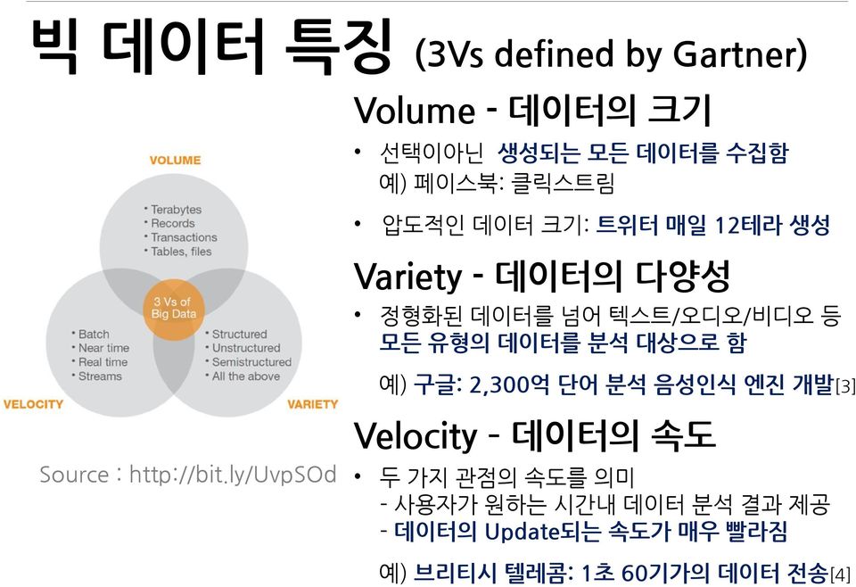 대상으로 함 예) 구글: 2,300억 단어 분석 음성인식 엔진 개발[3] Velocity 데이터의 속도 Source : http://bit.