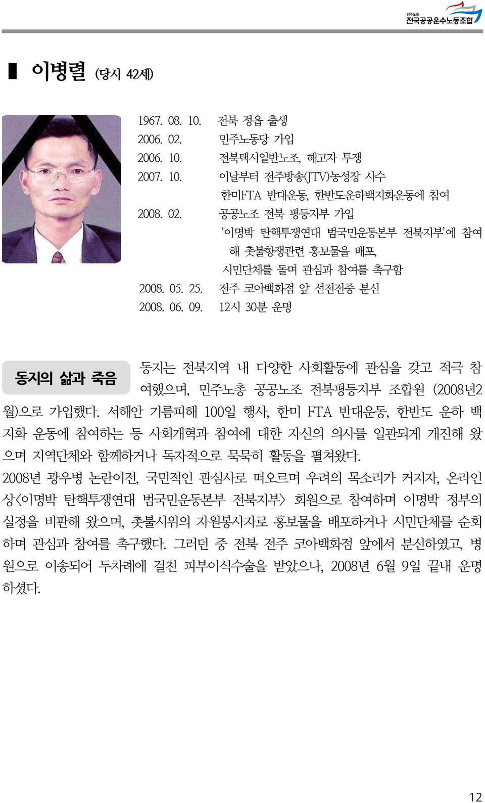 서해안 기름피해 100일 행사, 한미 FTA 반대운동, 한반도 운하 백 지화 운동에 참여하는 등 사회개혁과 참여에 대한 자신의 의사를 일관되게 개진해 왔 으며 지역단체와 함께하거나 독자적으로 묵묵히 활동을 펼쳐왔다.