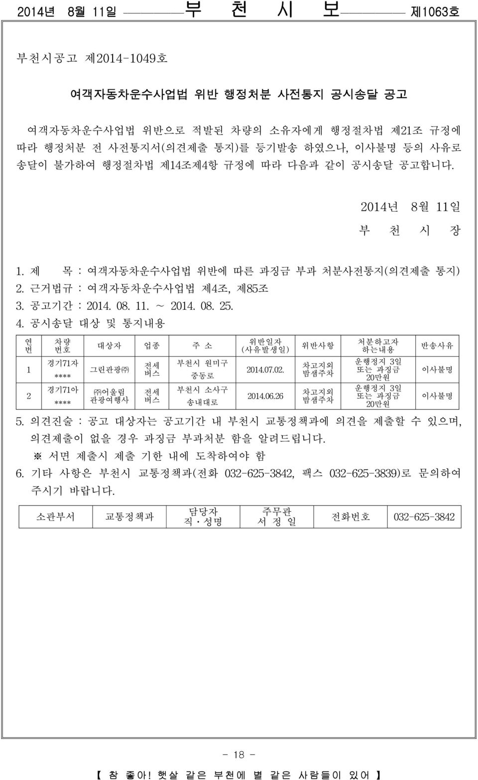 공시송달 대상 및 통지내용 연 번 1 2 차량 번호 경기71자 **** 경기71아 **** 대상자 업종 주 소 그린관광 어울림 관광여행사 전세 버스 전세 버스 부천시 원미구 중동로 부천시 소사구 송내대로 위반일자 (사유발생일) 2014.07.02. 2014.06.