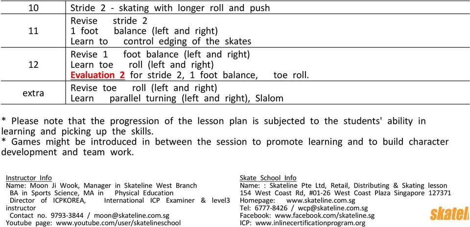 extra Revise toe roll (left and right) Learn parallel turning (left and right), Slalom * Please note that the progression of the lesson plan is subjected to the students' ability in learning and