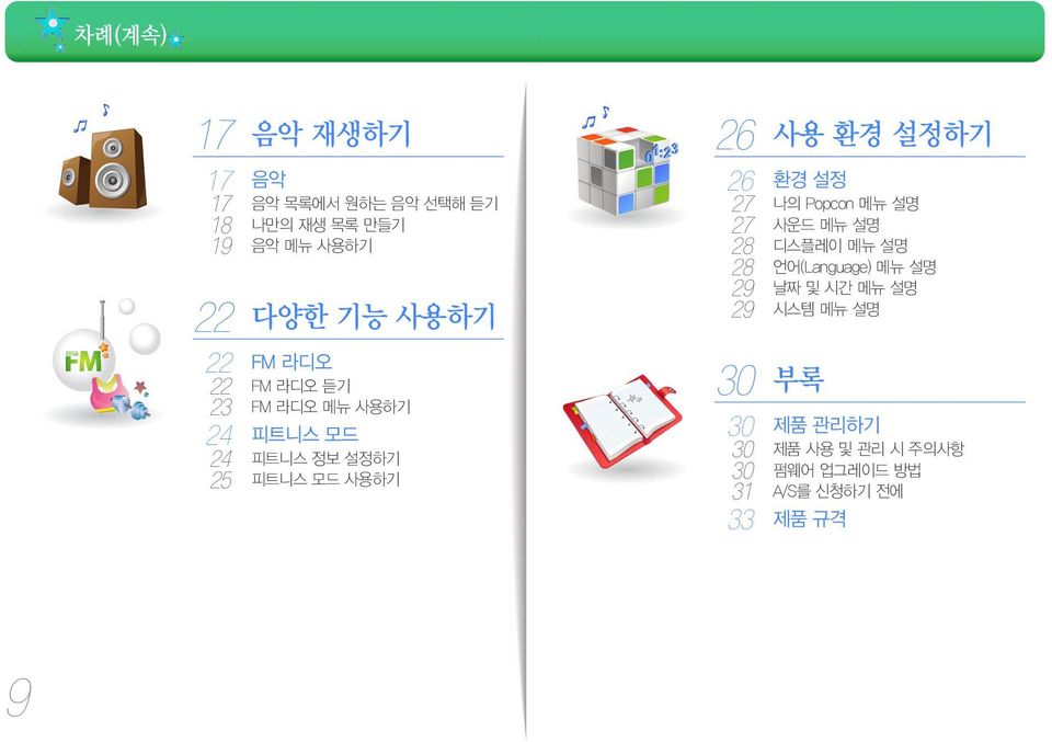 설정하기 26 환경 설정 27 나의 Popcon 메뉴 설명 27 사운드 메뉴 설명 28 디스플레이 메뉴 설명 28 언어(Language) 메뉴 설명 29 날짜 및 시간